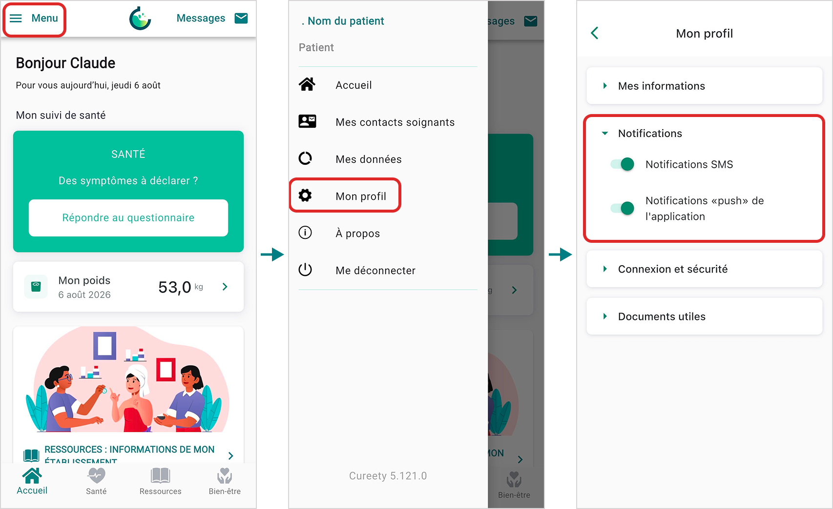 App=> Menu => mon profil => notif