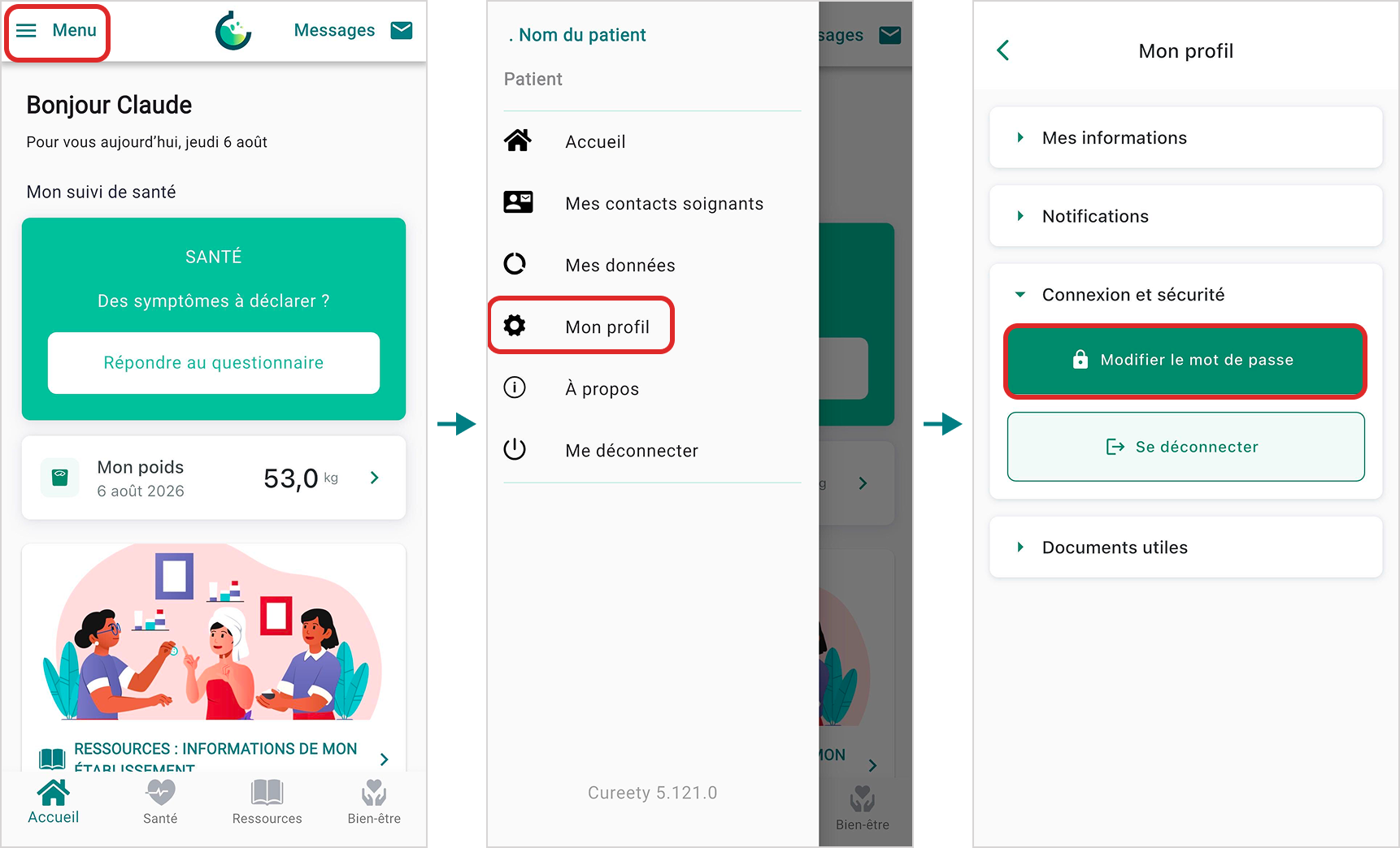 App - Menu - modification du mot de passe